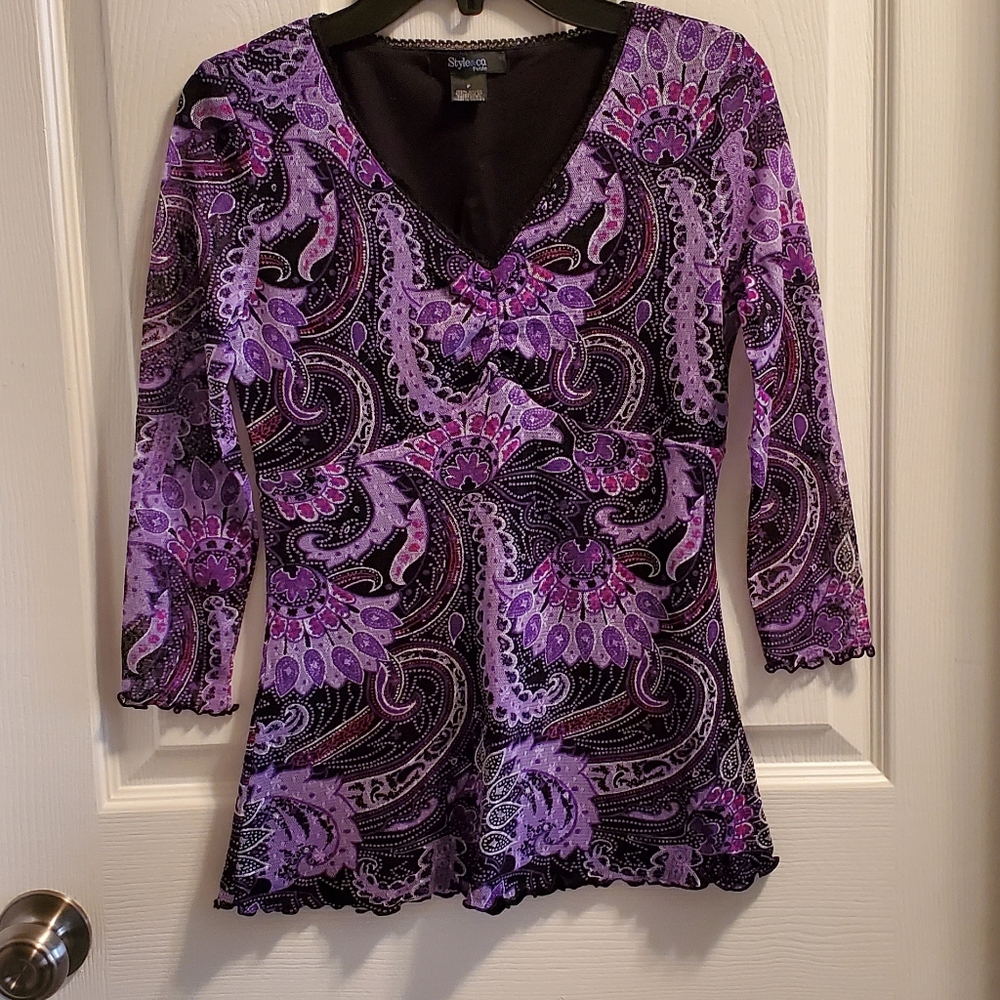 Macys Style & Co black/purple/fuchsia mesh top